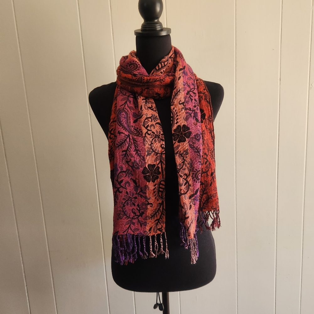 Floral Scarf w/Fringe, Red/Purple/Pink